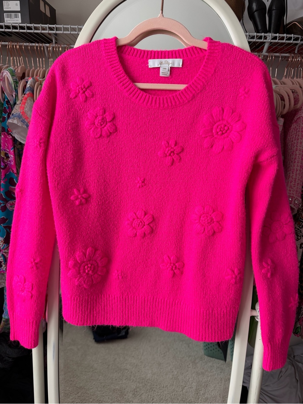 Lilly Pulitzer Neon Pink Floral Applique Crewneck Sweater